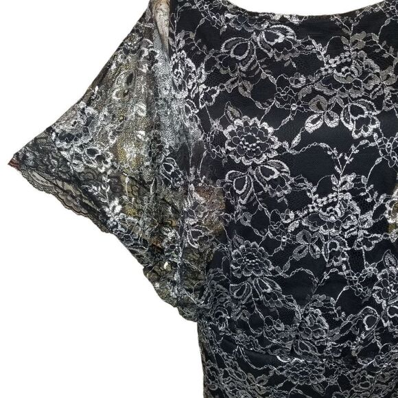 Black Sheer Metallic Silver Sparkle Floral Lace Little Black Dress - Picture 4 of 12